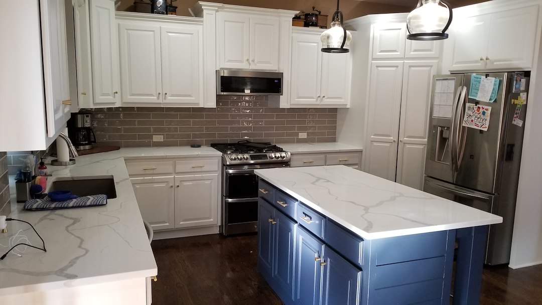 Beautiful navy blue for this Overland Park Ks kitchen island 